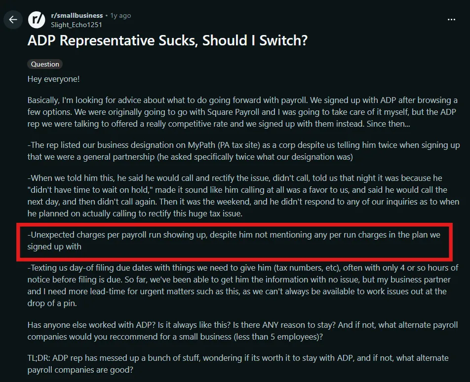 ADP user complaint shared on Reddit