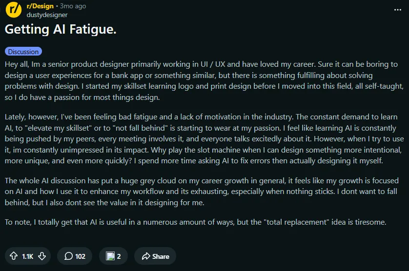 Reddit post by a senior product designer describing AI fatigue