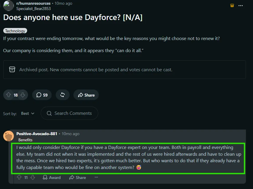 Ceridian Dayforce review on Reddit