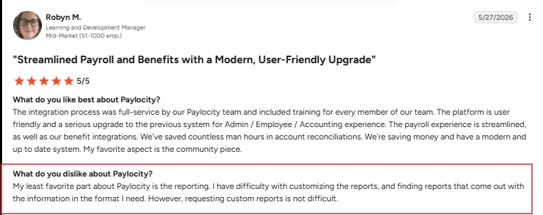 Paylocity review on G2