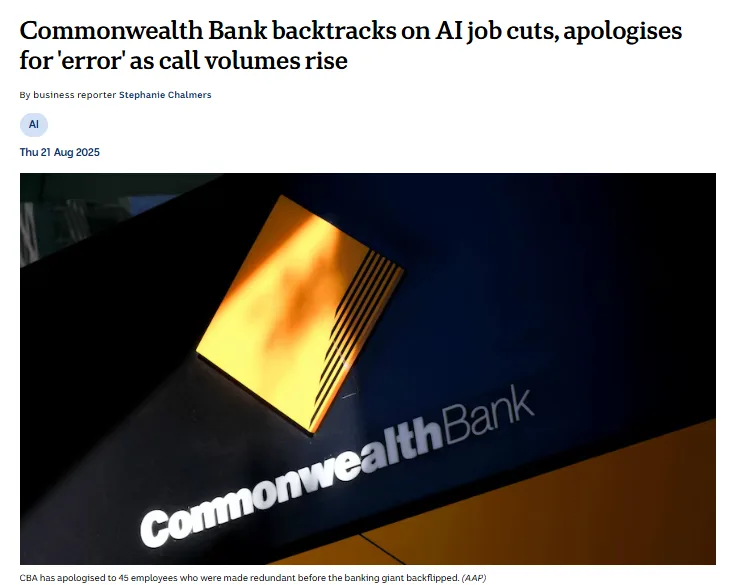 ABC News headline on Commonwealth Bank backtracking on AI job cuts