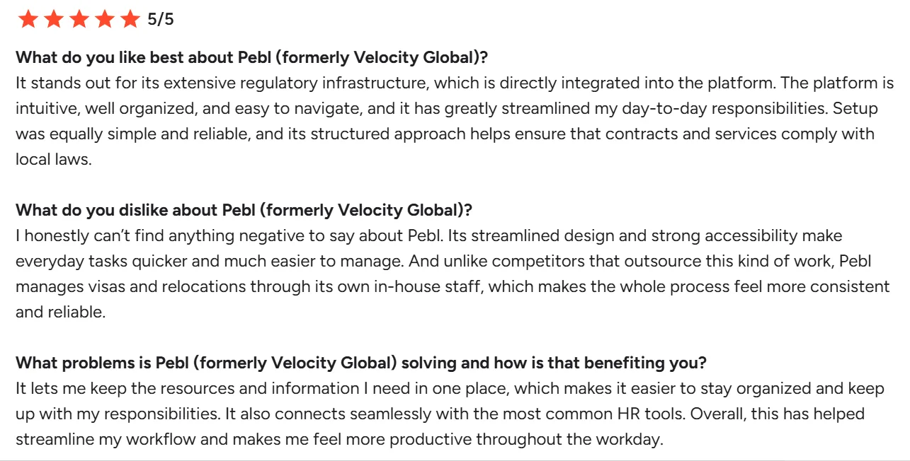 Velocity Global (Now Pebl) review on G2