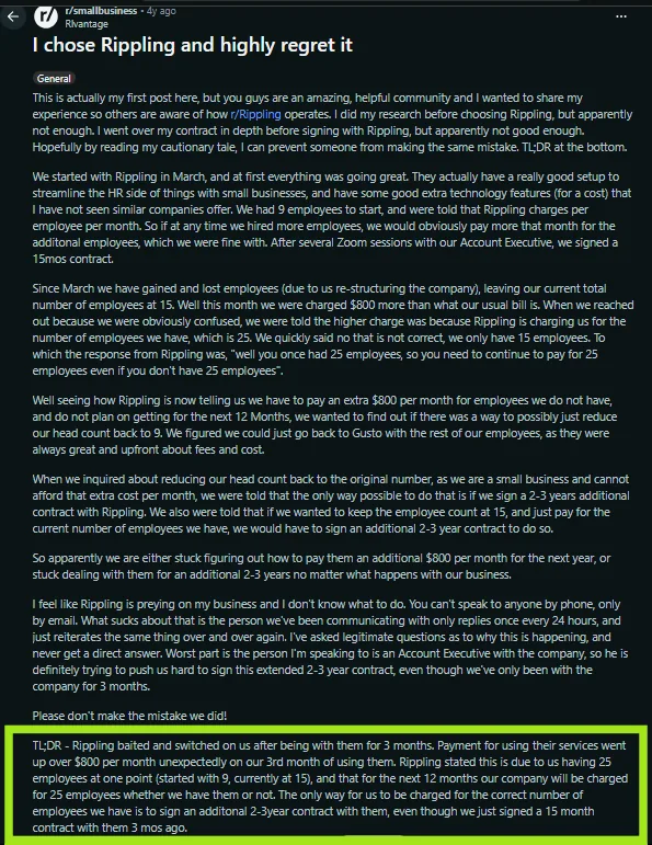 Rippling review on Reddit