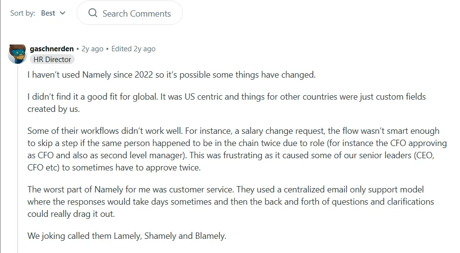 Namely user review on Reddit about workflow and support limits