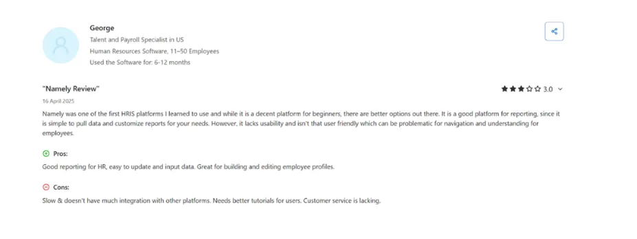 Namely user review on Capterra rating it 3.0 out of 5