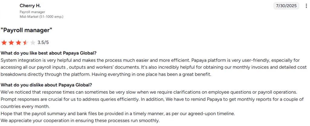 Papaya Global user review on G2 about slow support response