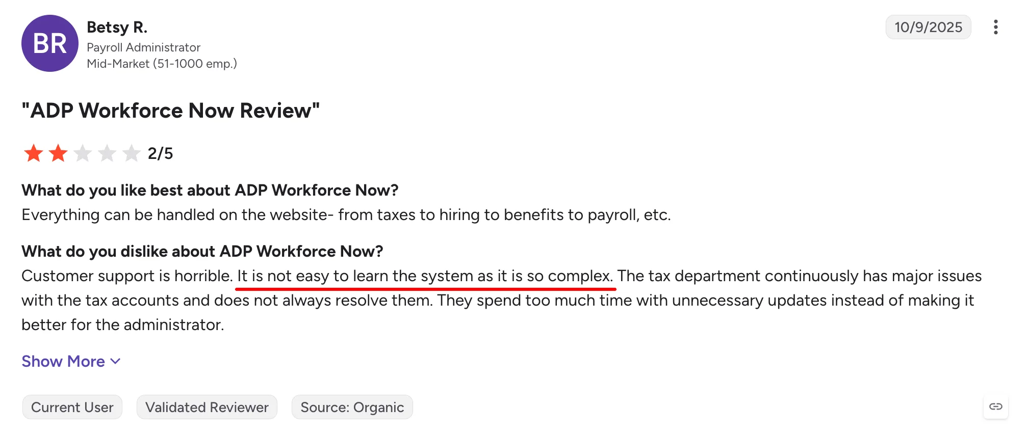 ADP Workforce Now user review on G2