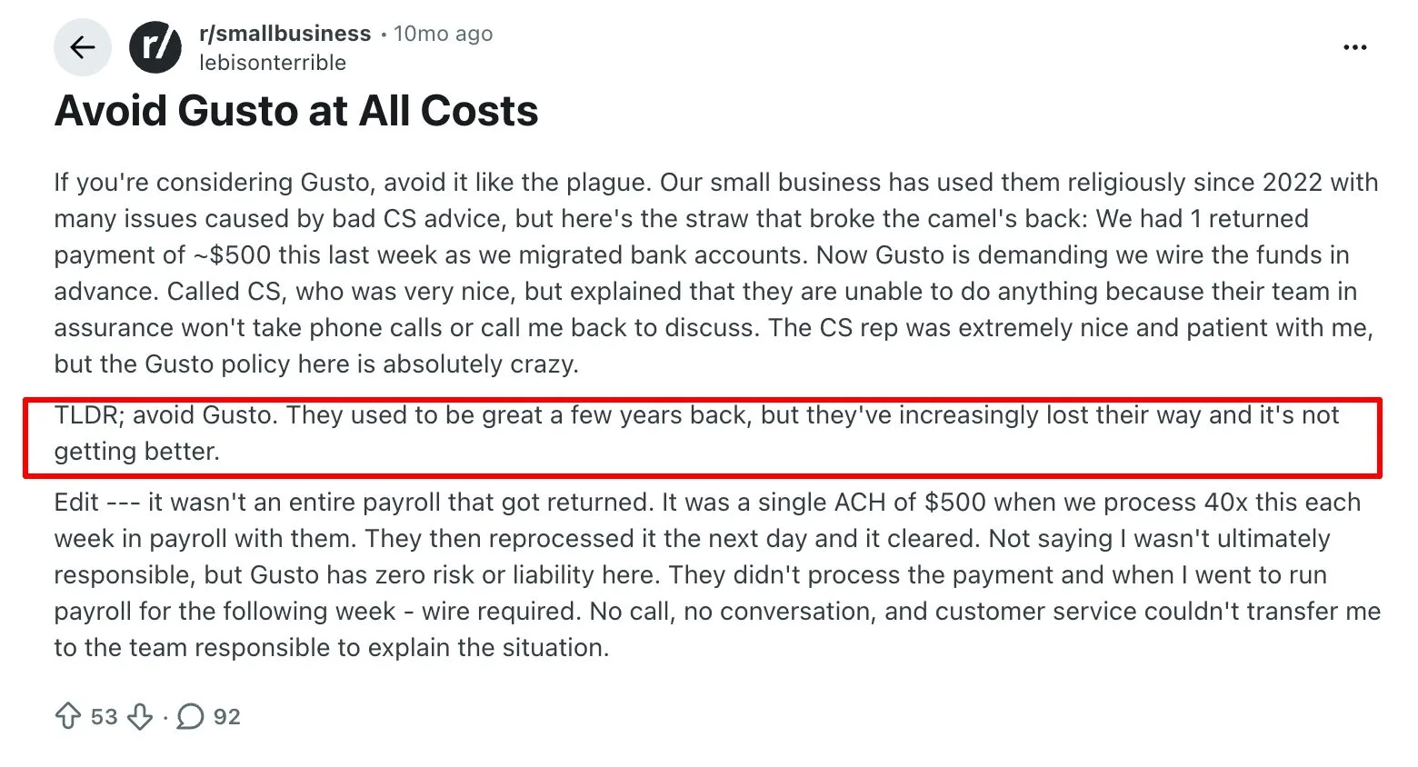 Gusto review on payment support from Reddit