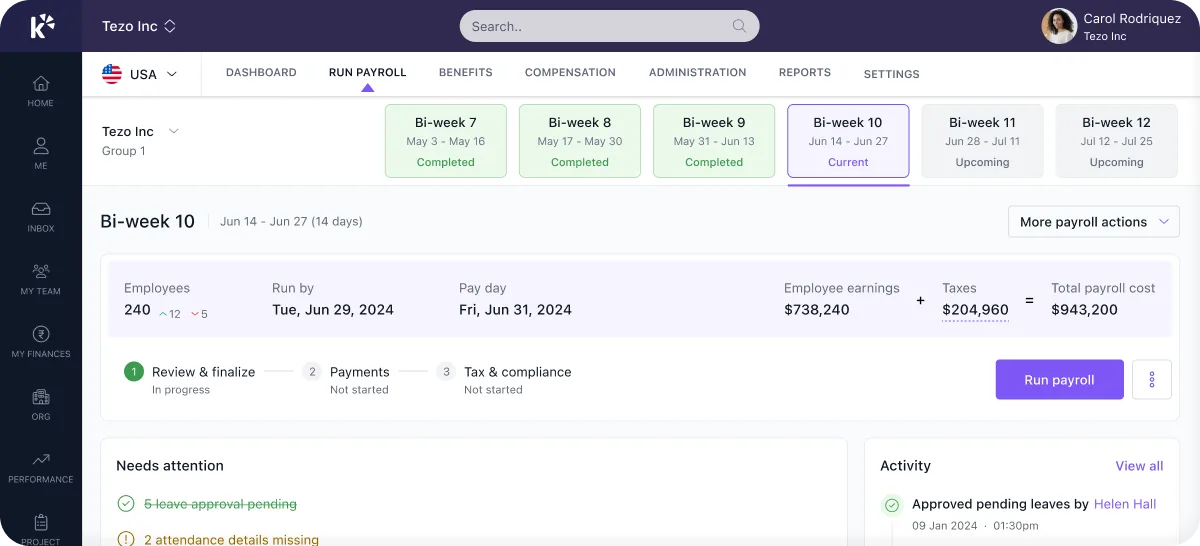 Keka payroll dashboard overview