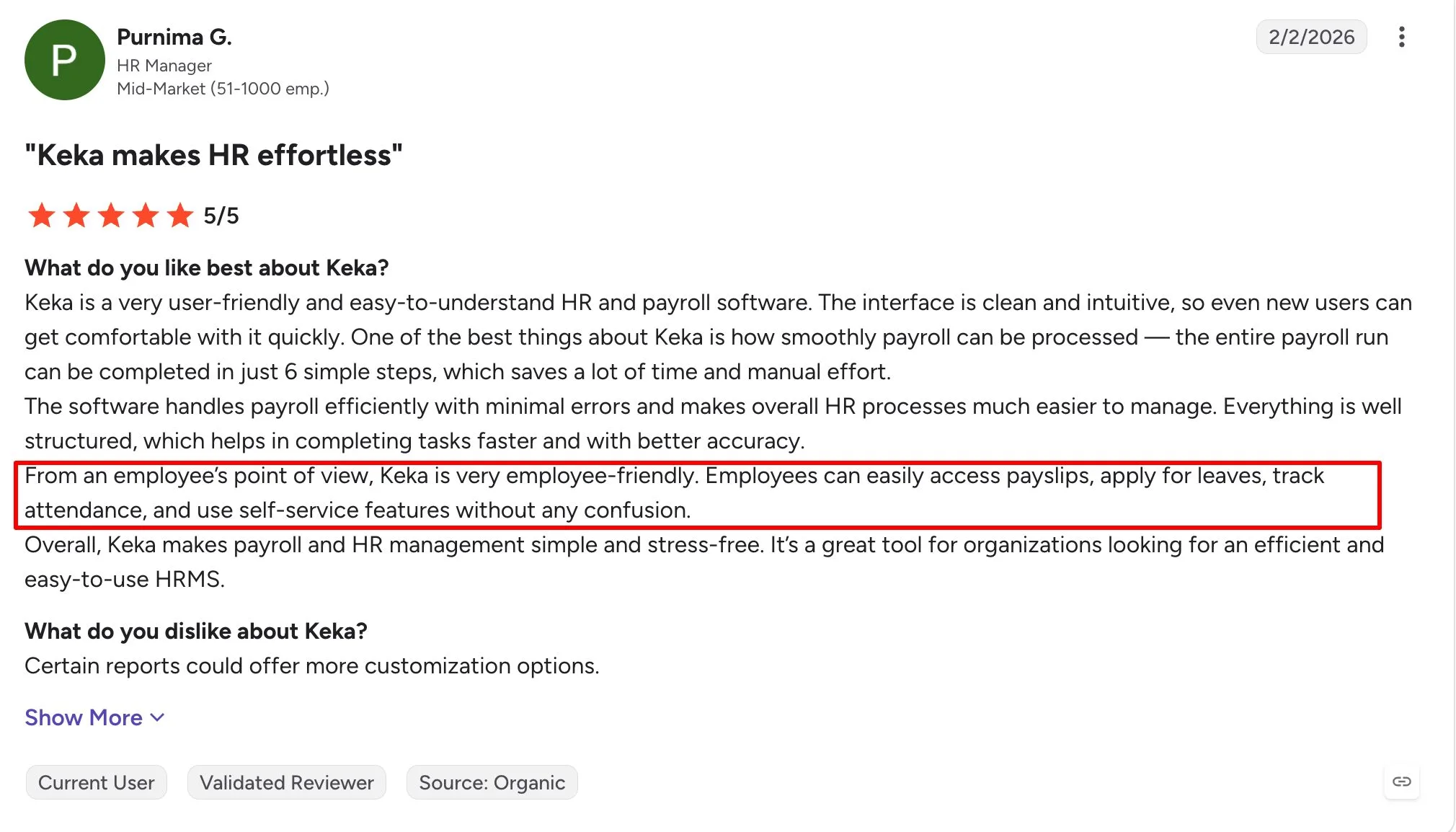 Keka user review on HR experience from G2
