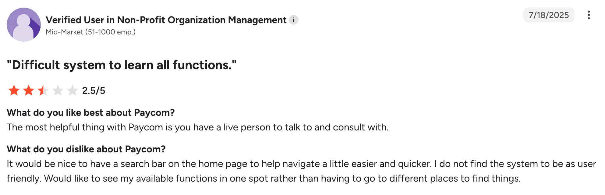 Paycom user review on navigation challenges