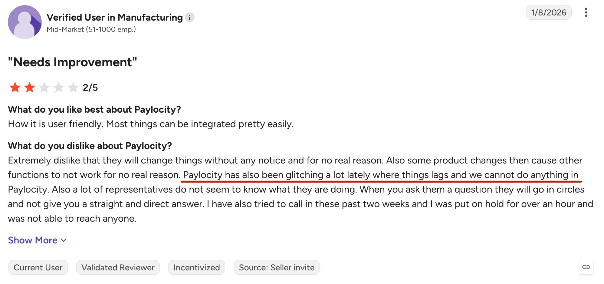 Paylocity user review on platform reliability