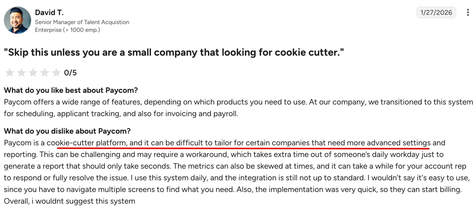 Paycom G2 review on customization and reporting (Source)