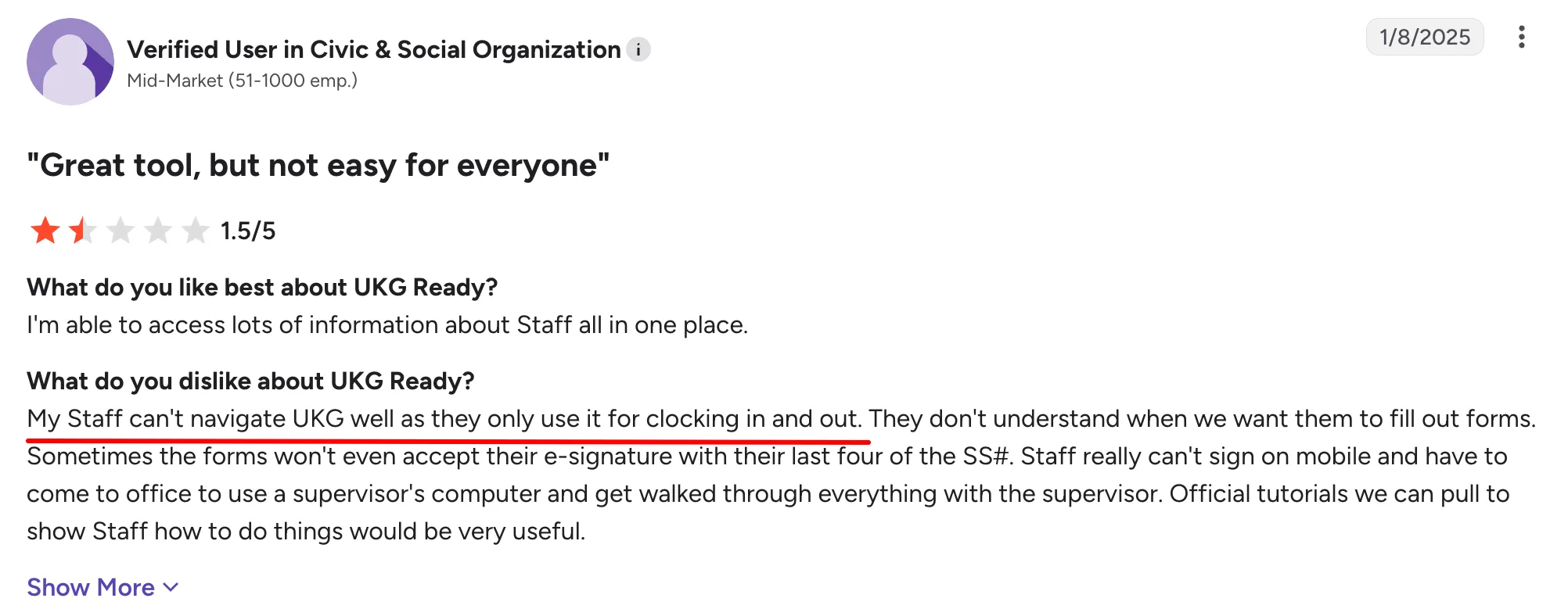 UKG Ready G2 review on employee usability (Source)