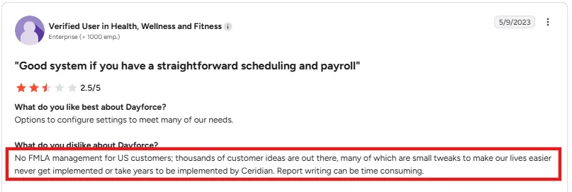 Dayforce G2 review on reporting and technical issues (Source)