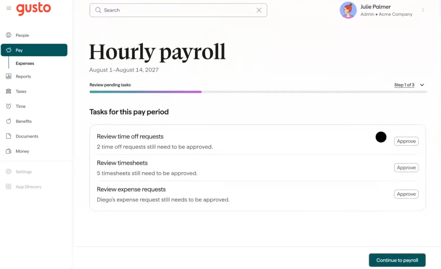 Gusto hourly payroll dashboard