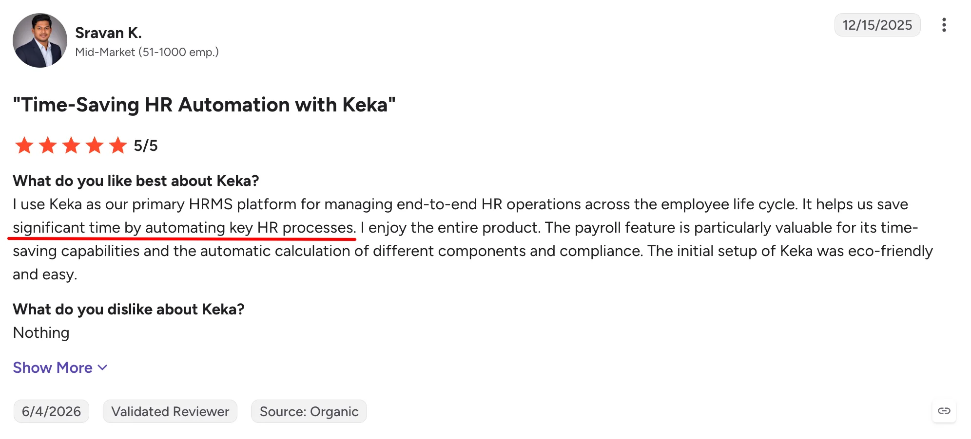 Keka G2 review on HR and payroll automation (Source)