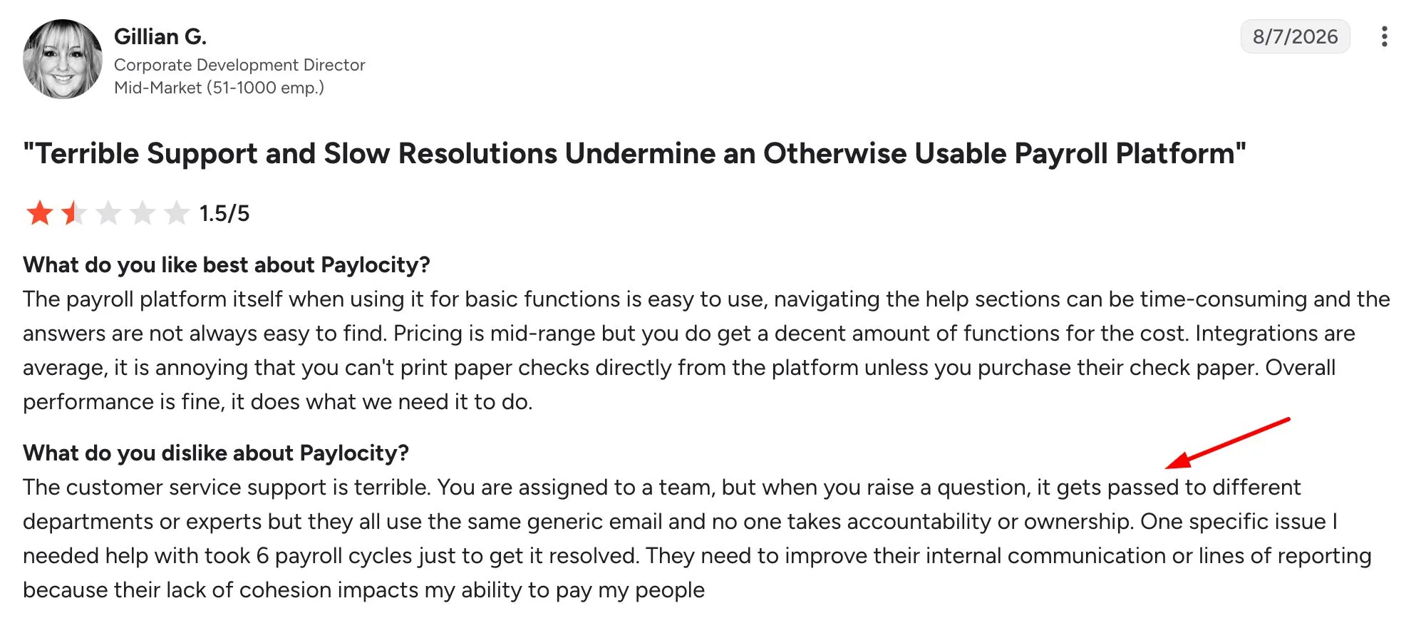 Paylocity G2 review on payroll usability and support (Source)