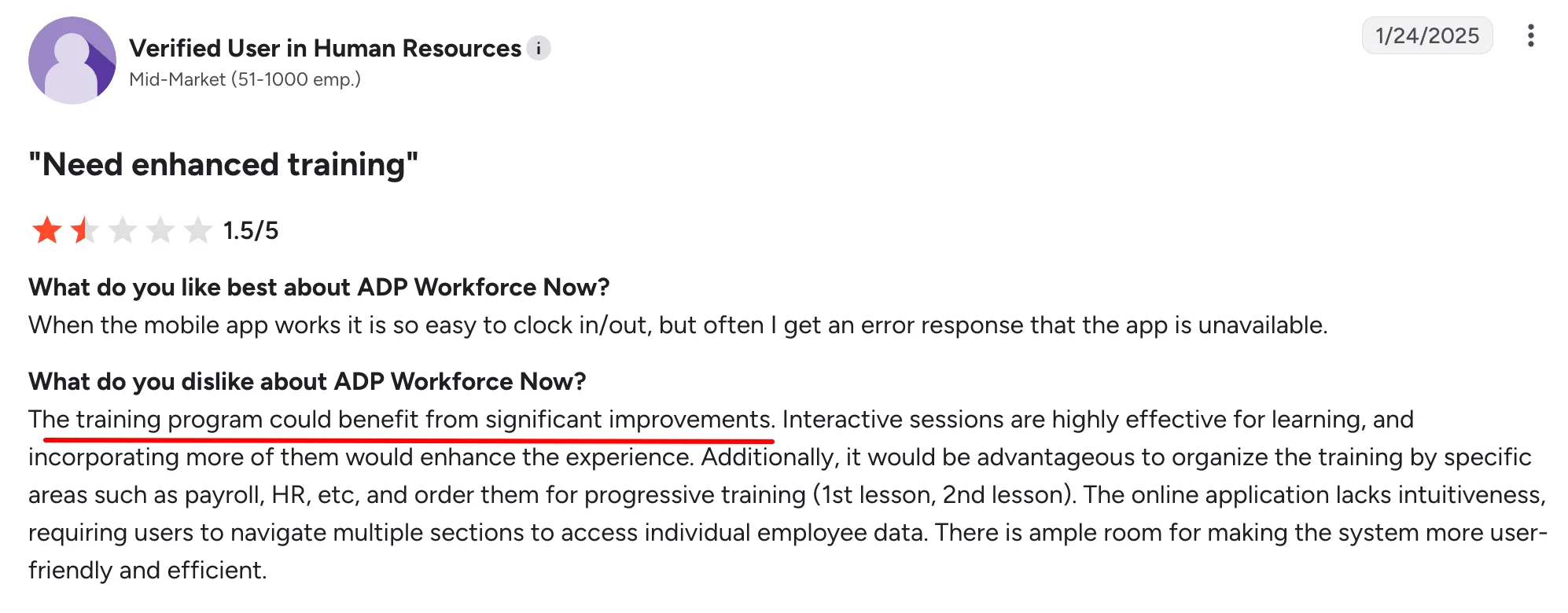 ADP Workforce Now G2 review on training and usability (Source)