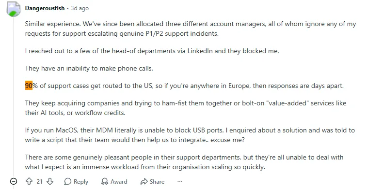 Rippling user review on customer support response times