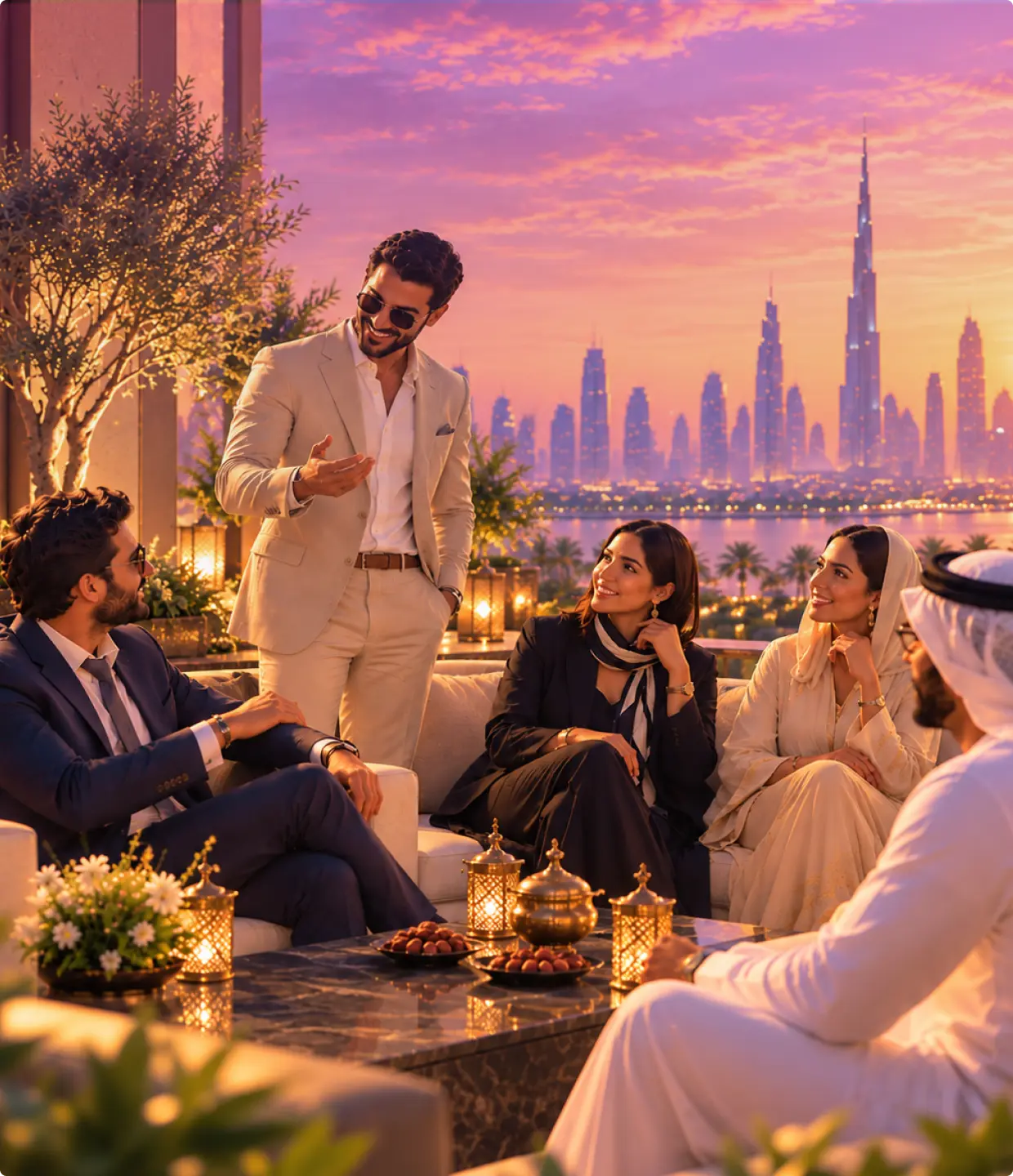 Guests chatting over drinks on a rooftop terrace at sunset